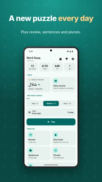 Android: A new puzzle every day, plus review, sentences and plurals.